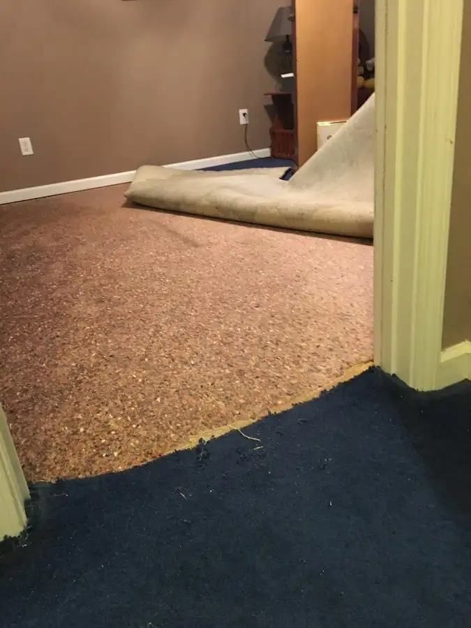 Carpet pad removal revealing water damage during Drying & Dehumidification in Dubuque